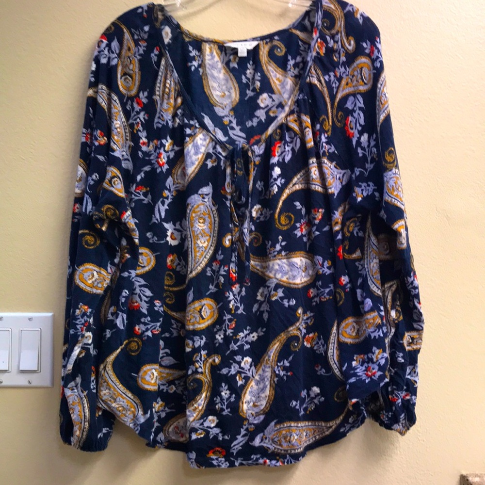 Lucky Brand Paisley Navy Tie Blouse